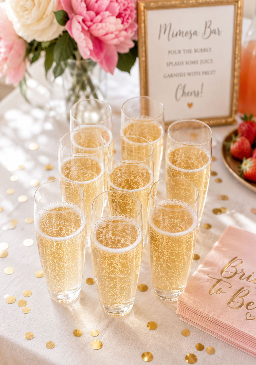 Eight clear champagne flutes filled with bubbly arranged on a white linen table for a bridal shower mimosa bar