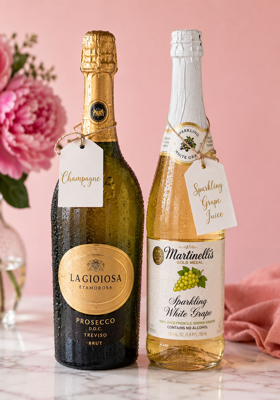 Champagne bottle and sparkling grape juice bottle side by side for a bridal shower mimosa bar alcoholic and non-alcoholic options