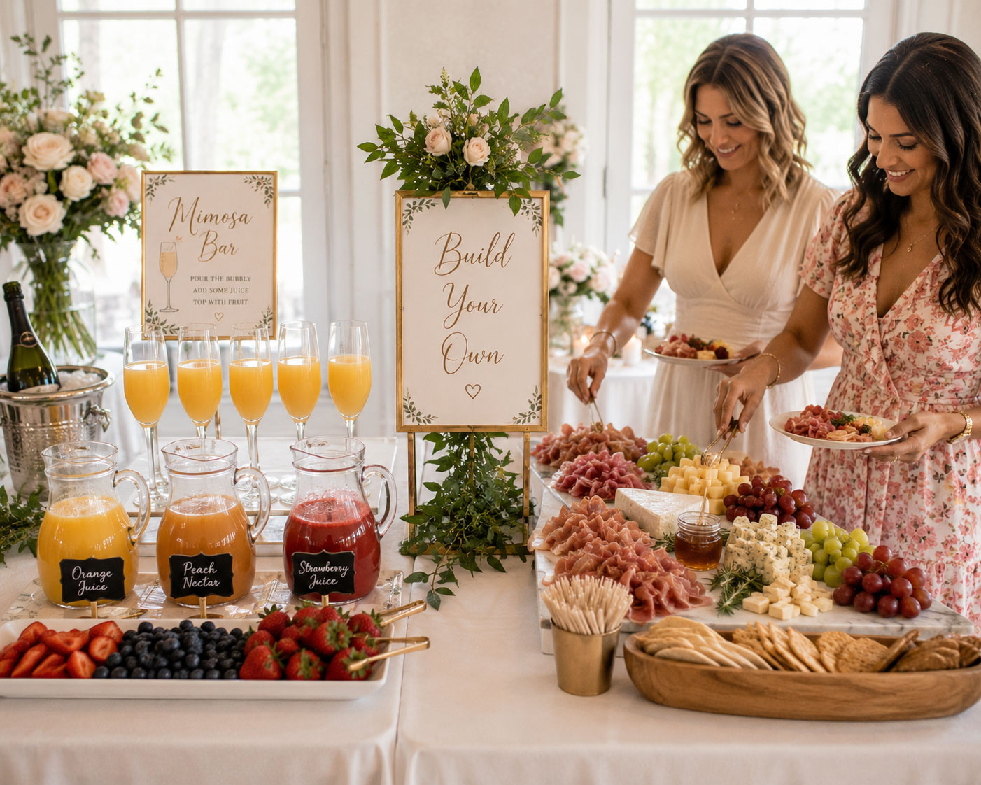 Elegant bridal shower mimosa bar and DIY charcuterie station side by side on a white table with prosecco, fresh juices, cheeses, prosciutto, and seasonal fruit