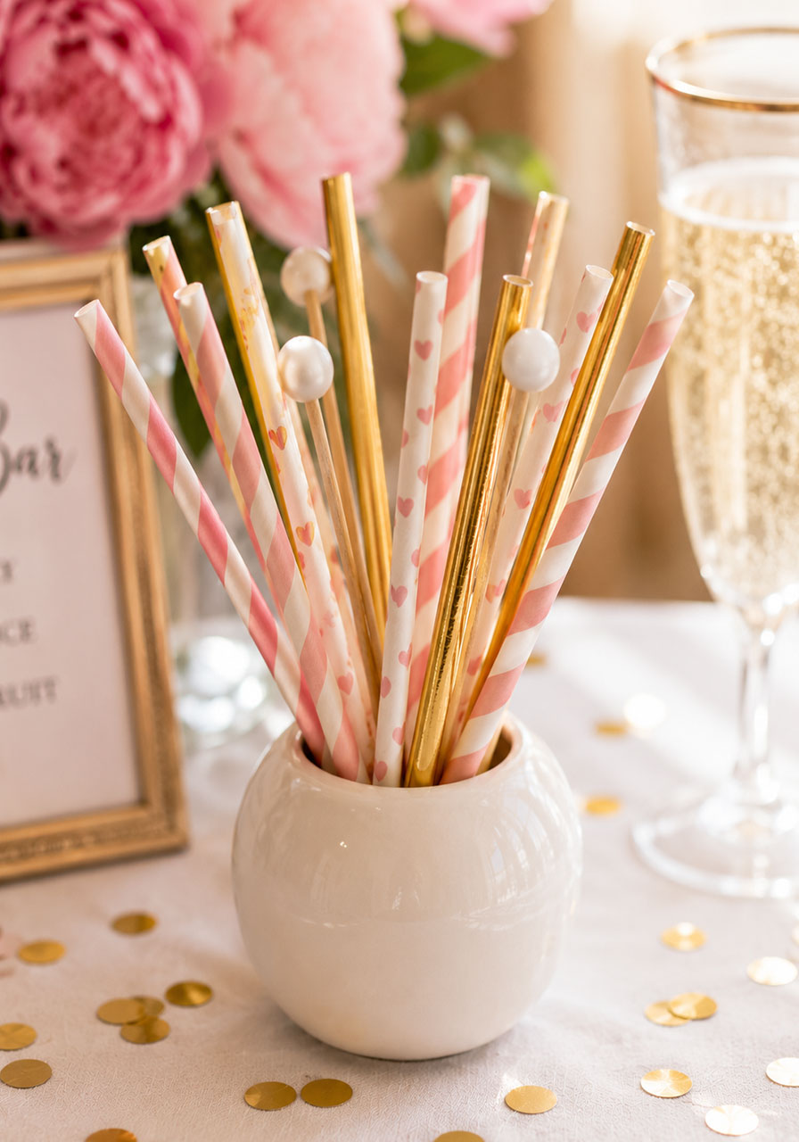 Pink, white, and gold decorative paper straws in a white ceramic vessel for a bridal shower mimosa bar