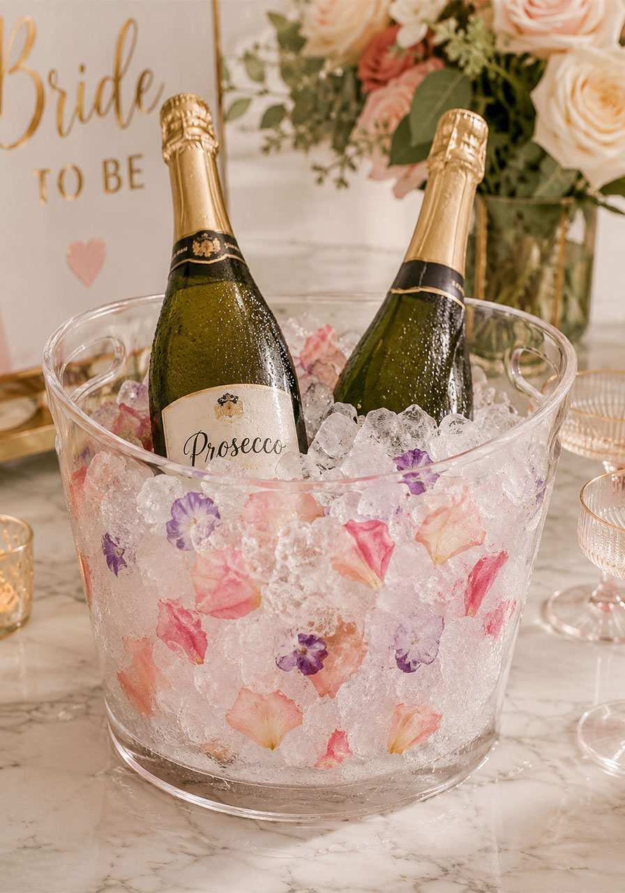Clear ice bucket with champagne bottles and frozen floral ice cubes for a bridal shower mimosa bar