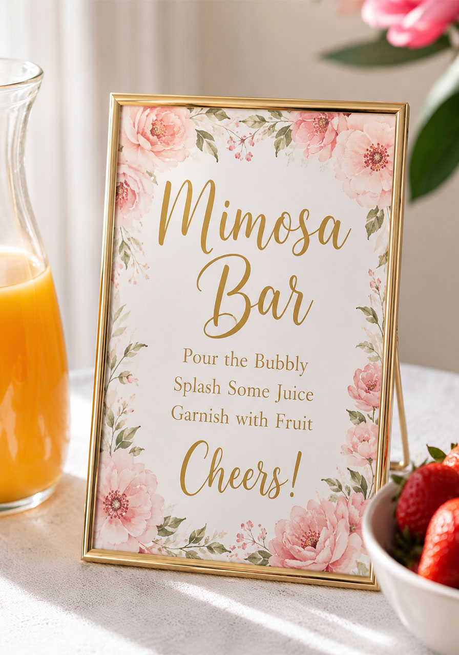 Framed gold mimosa bar sign reading "Pour the Bubbly, Splash Some Juice, Garnish with Fruit, Cheers" for bridal shower brunch