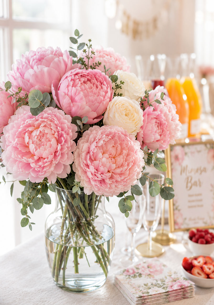 Lush pink peony and white rose floral arrangement on a bridal shower mimosa bar table