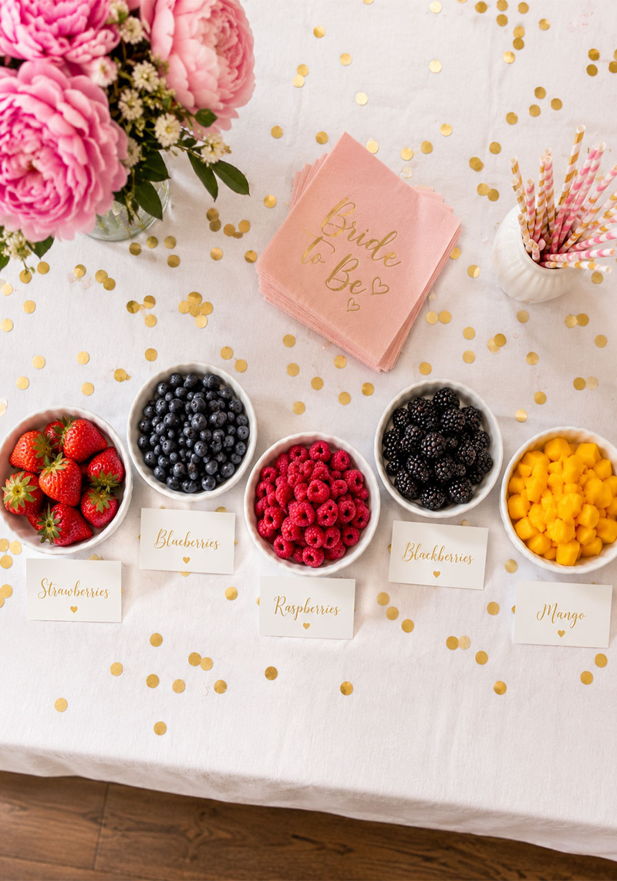 Five white ceramic bowls with fresh strawberries, blueberries, raspberries, blackberries, and mango for mimosa bar toppings