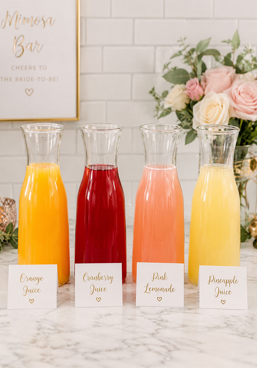 Four glass carafes filled with colorful juices for a bridal shower mimosa bar — orange, cranberry, pink lemonade, pineapple