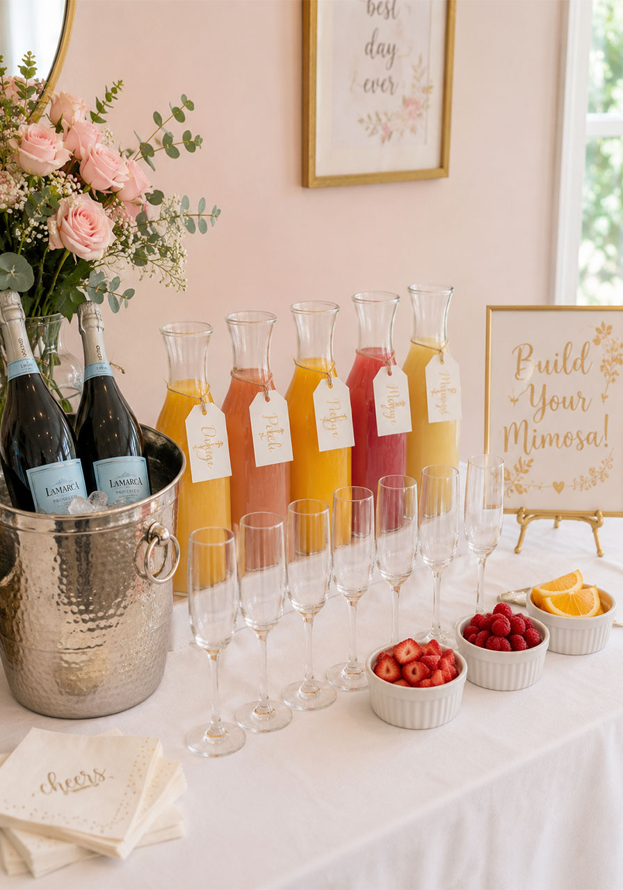 Mimosa bar setup with prosecco juice carafes and champagne flutes on white table – elegant at-home bridal shower drinks idea