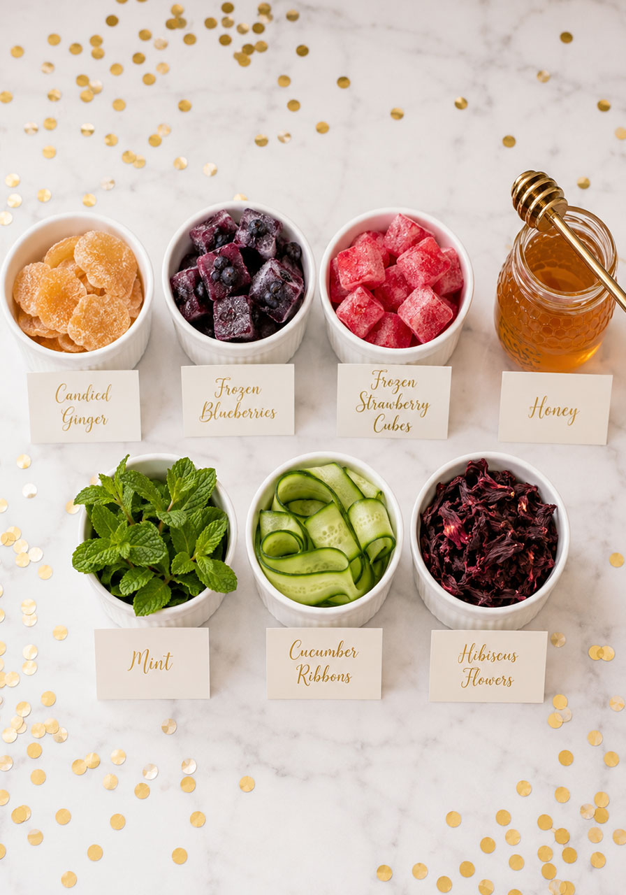 Overhead flat lay of mini garnish bar with mint, cucumber, hibiscus, candied ginger, frozen fruit, and honey for a bridal shower mimosa bar
