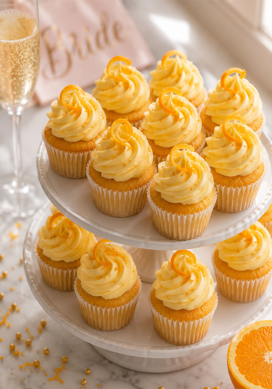 Mimosa mini cupcakes with pale yellow champagne buttercream frosting and orange peel garnish on a tiered white cake stand, champagne flute in the background