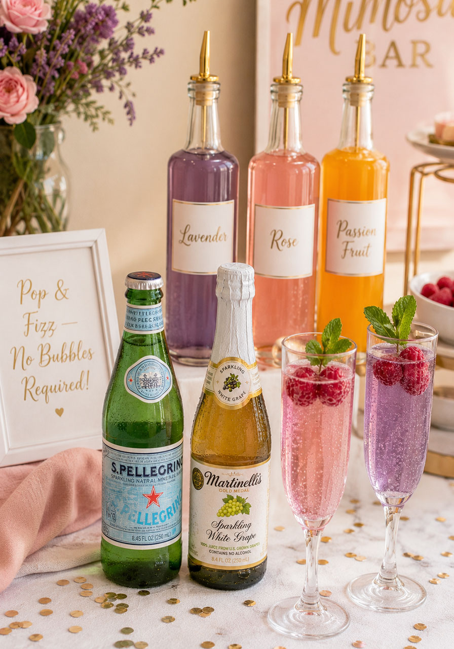 Mocktail station with lavender, rose, and passion fruit syrups and sparkling grape juice for non-drinking bridal shower guests
