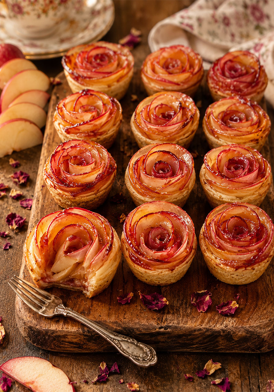 Mini apple rose pies with caramelized raspberry glaze on a vintage wooden board for a tea party
