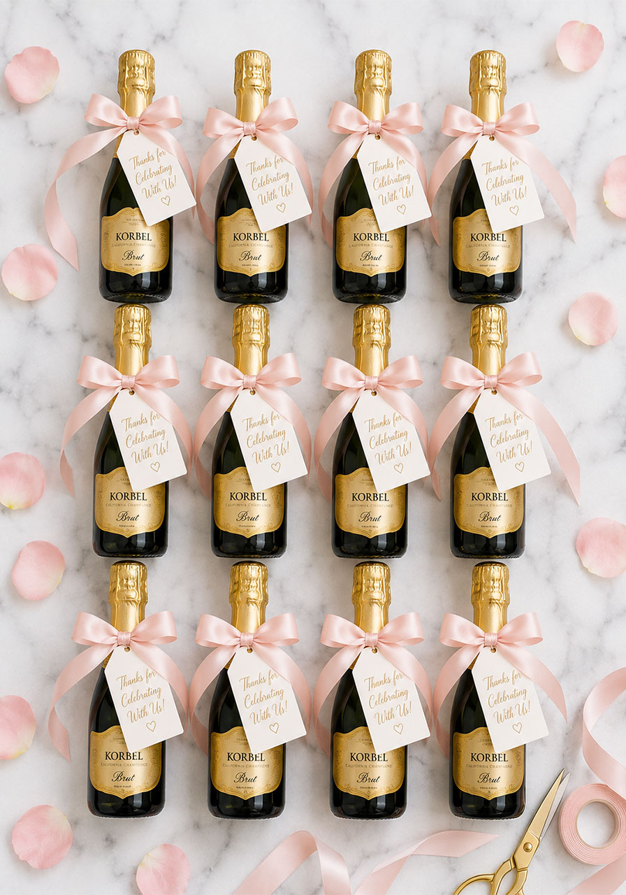 Mini champagne bottle favors with blush ribbon and thank you tags for bridal shower guests