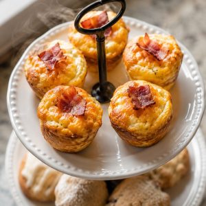 Mini cheesy egg puffs with bacon served as a tea party appetizer
