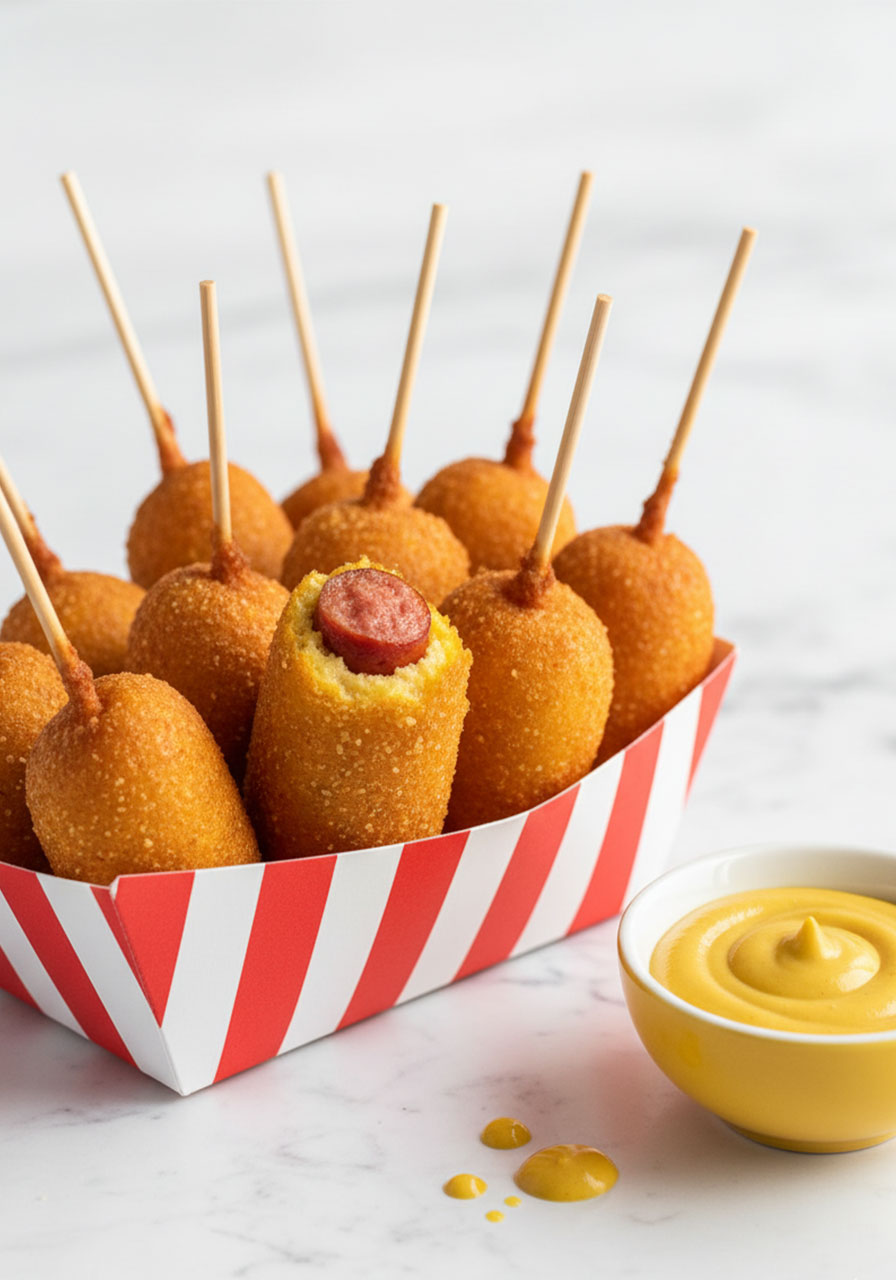 Homemade golden fried mini corn dogs in a paper boat with mustard — easy fair-style pool party finger food for kids