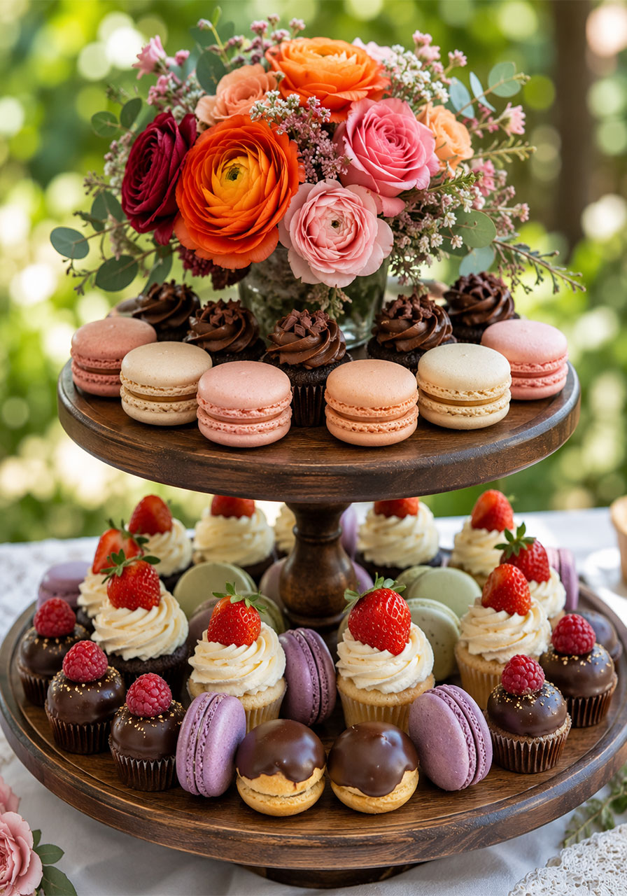 Tiered dessert stand with pastel macarons, mini cupcakes, and cream puffs decorated with fresh flowers for a bridal shower dessert table