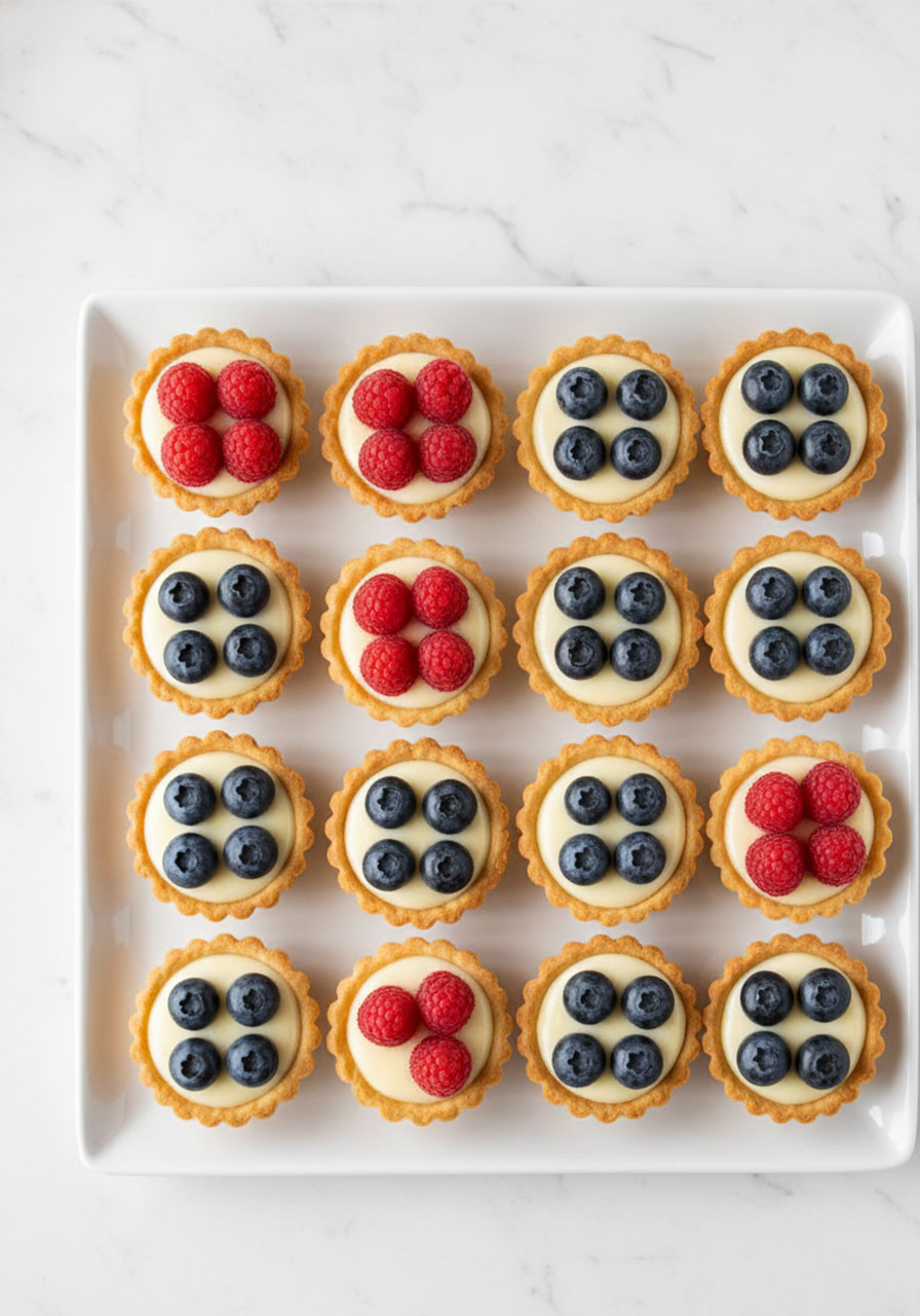 Mini shortbread fruit tarts with vanilla custard and fresh berries on a platter — elegant pool party finger food for kids and adults