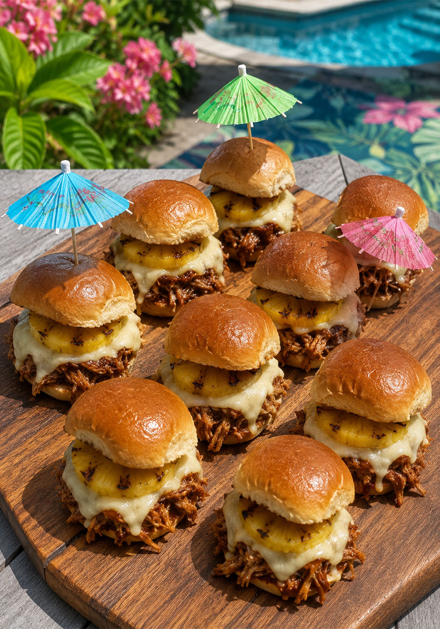 Hawaiian roll sliders with shredded chicken and grilled pineapple