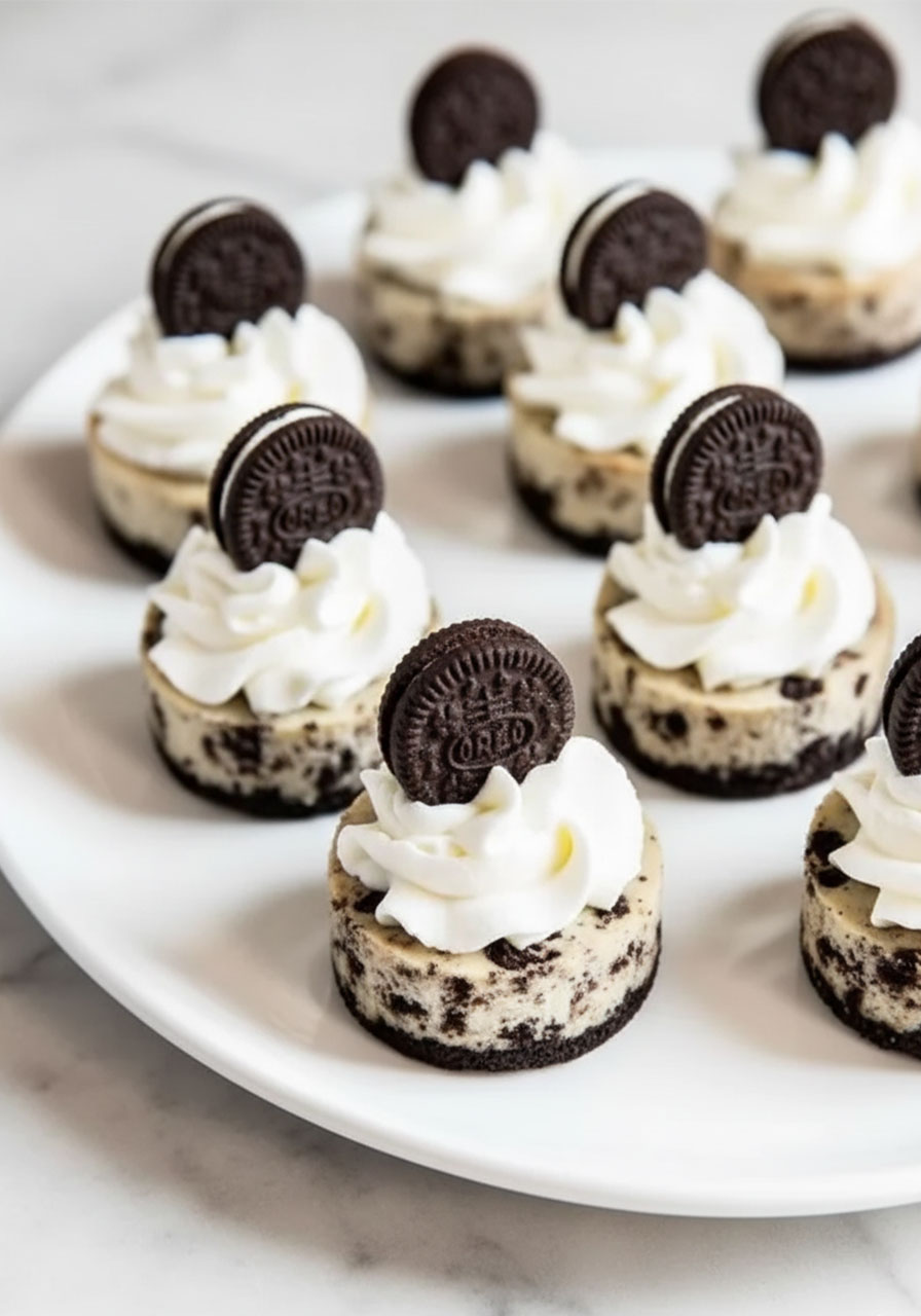 Mini cookies and cream Oreo cheesecake bites with whipped cream on a plate — easy pool party finger food dessert for kids