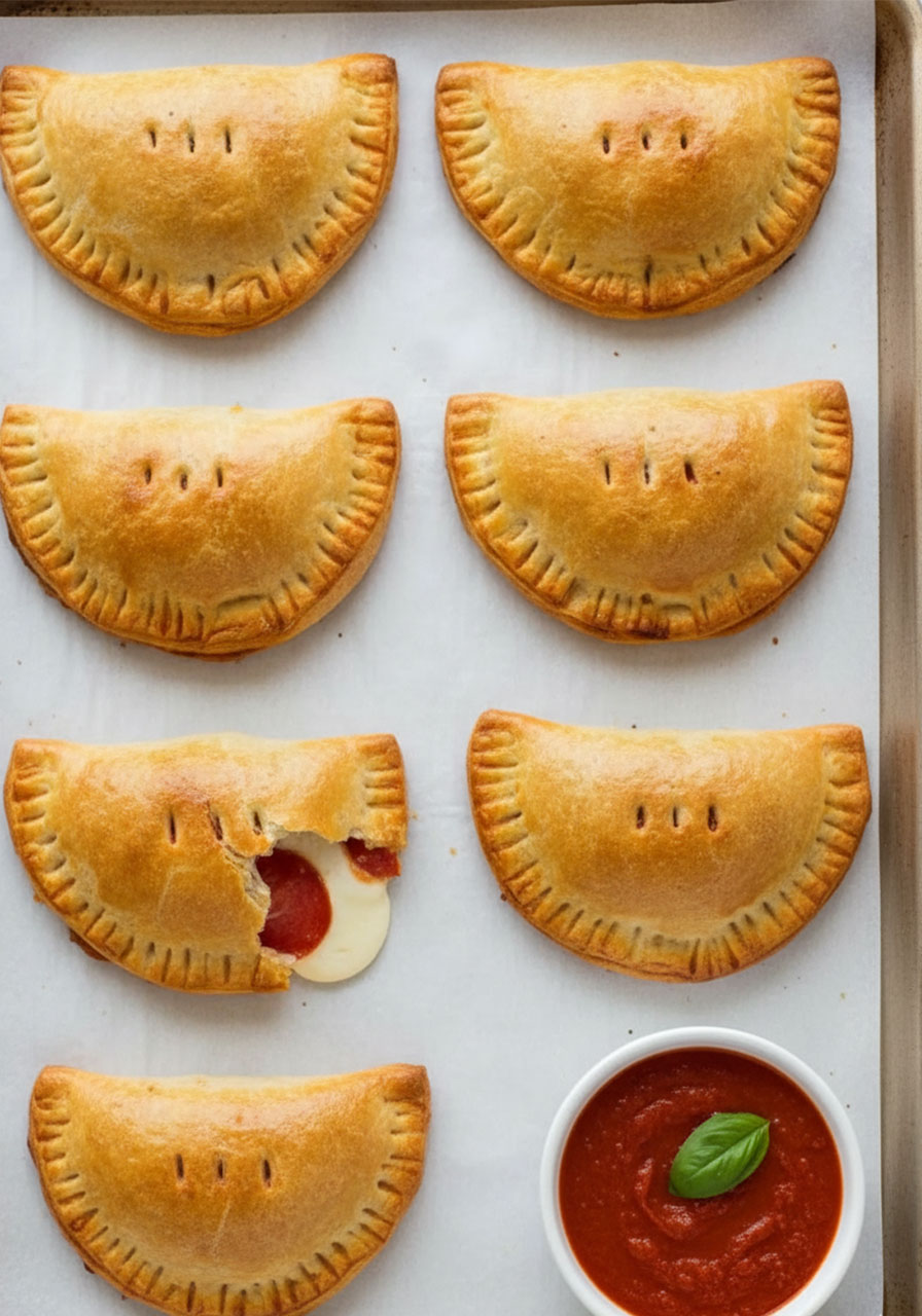 Golden baked mini pepperoni calzones with marinara dipping sauce — easy savory pool party finger food for kids