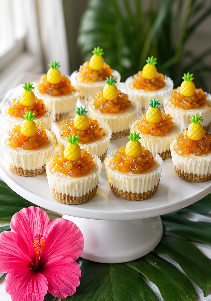 Mini no-bake pineapple cheesecake bites with caramelized pineapple topping on cake stand for birthday party snack bar
