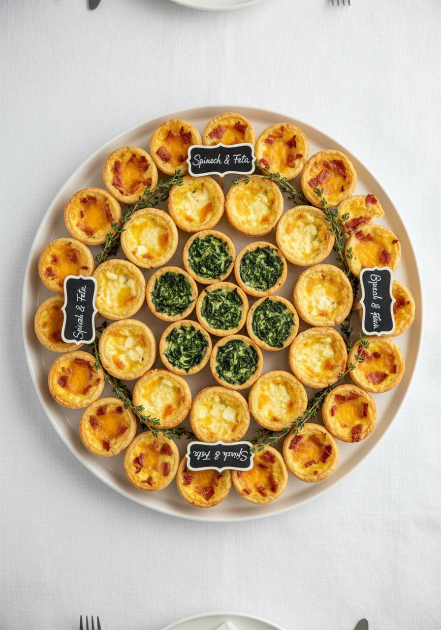 Assorted mini quiche bites with spinach feta and ham cheese for bridal shower brunch