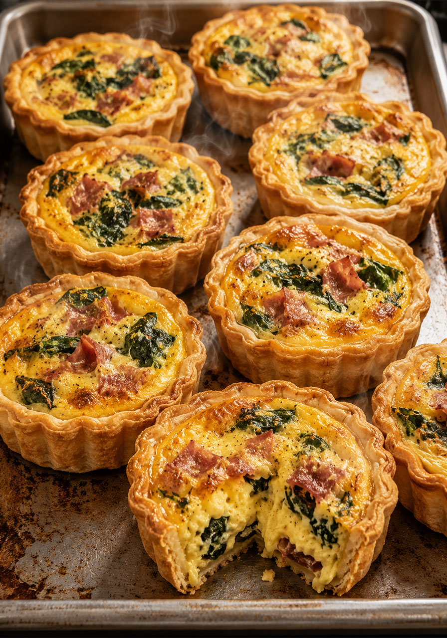 Golden-brown mini quiches with spinach and bacon filling on a baking tray, fresh from the oven for a bridal shower brunch
