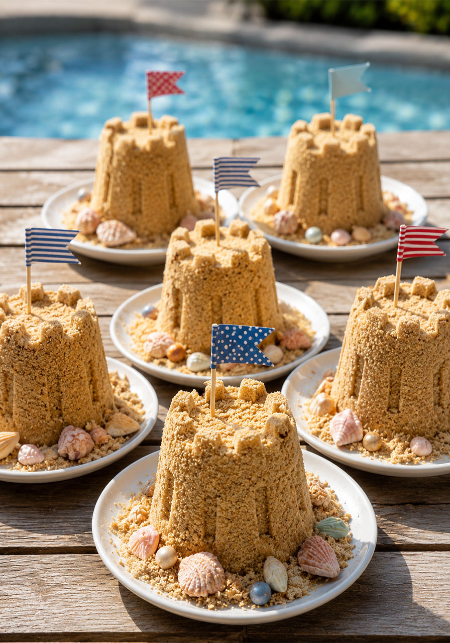 Mini bundt cakes decorated as sandcastles with graham cracker sand and flags