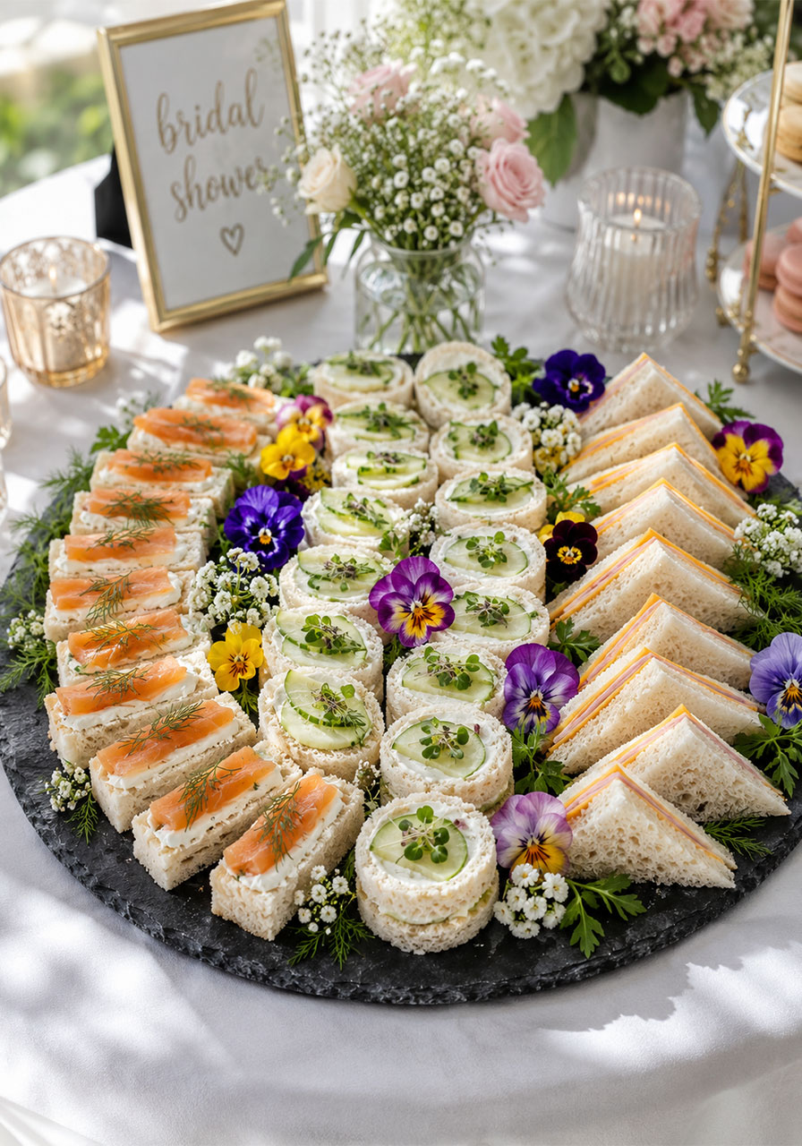 Elegant assorted mini finger sandwiches with smoked salmon, cucumber cream cheese, and ham on a slate platter garnished with edible flowers for a bridal shower