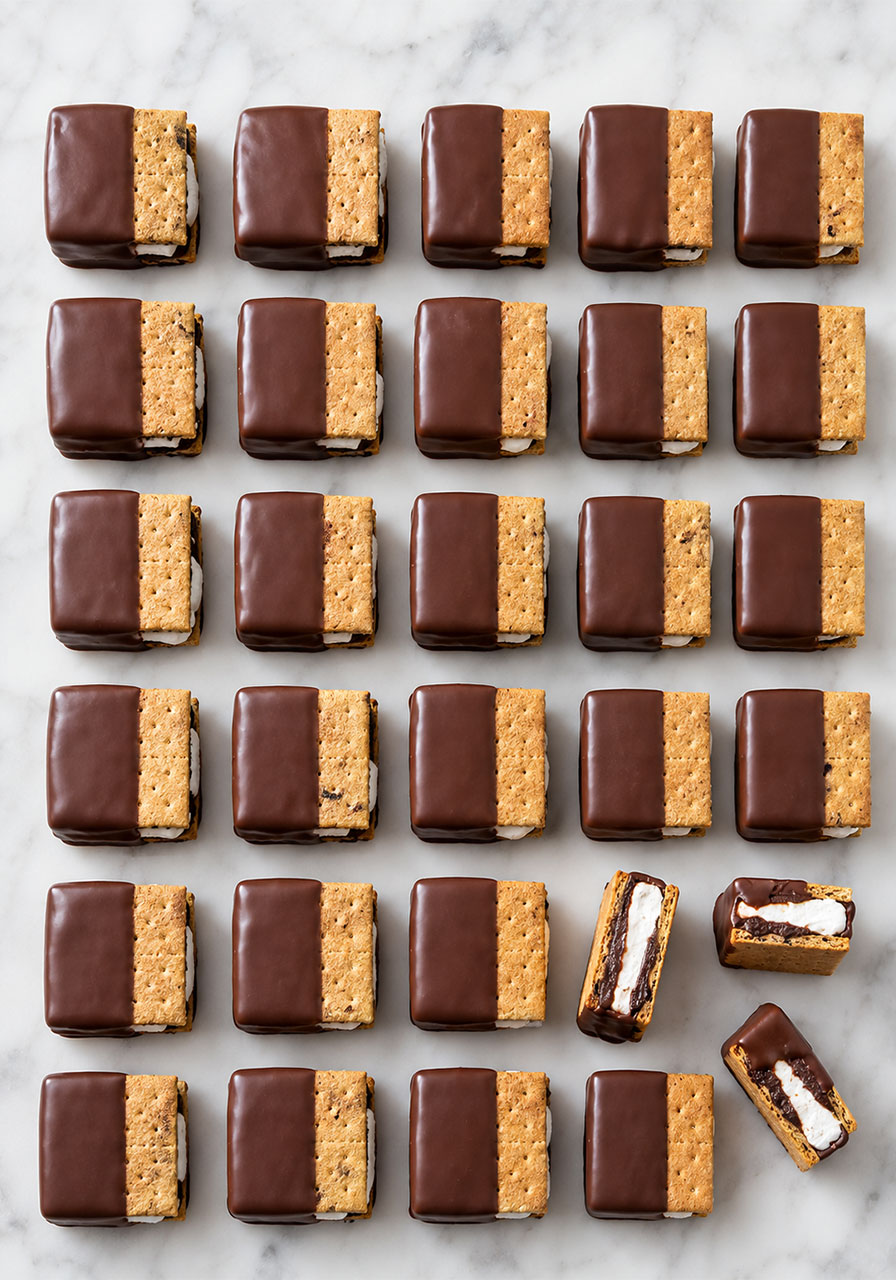 Chocolate-dipped mini s'mores with graham crackers, chocolate ganache and marshmallow creme – make-ahead pool party dessert