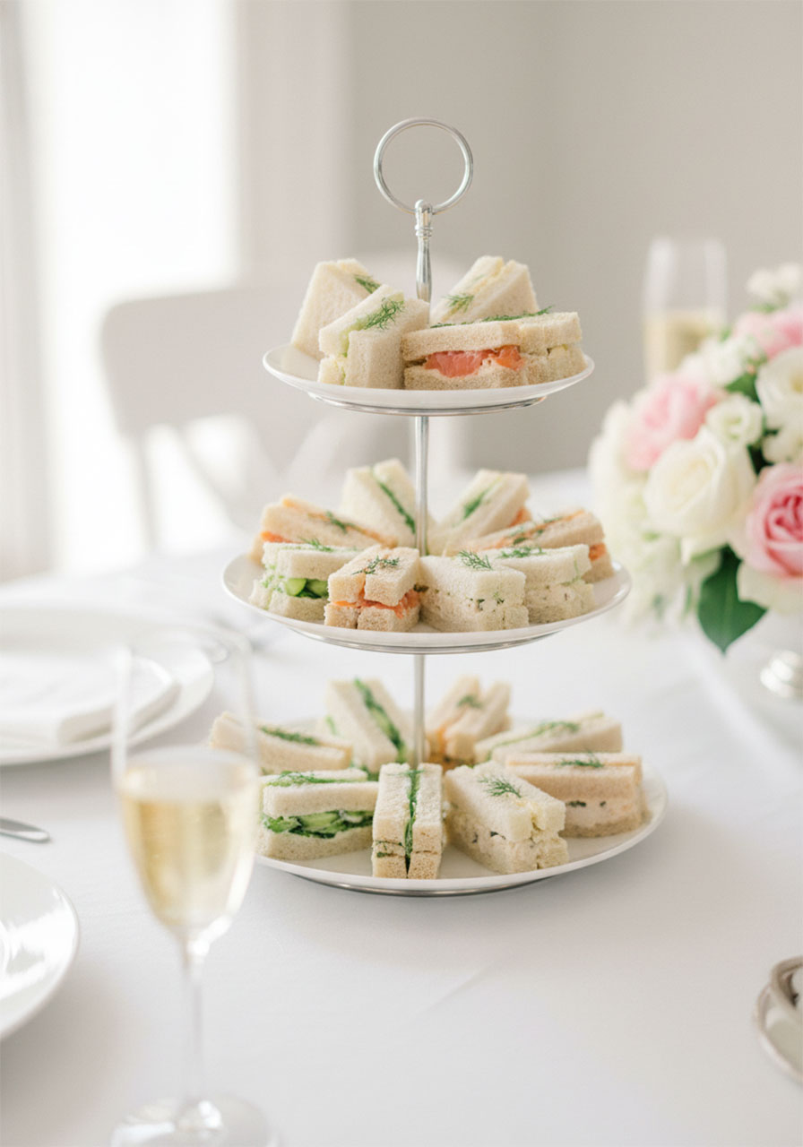 Mini tea sandwiches on a three-tiered silver tray for a bridal shower brunch