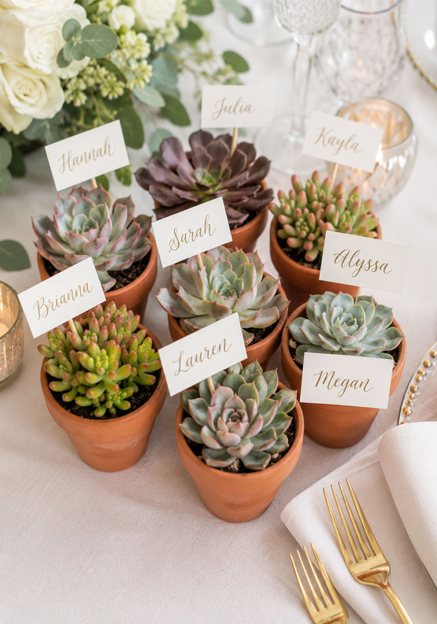 Mini terracotta pots with blooming succulents and gold calligraphy name tags as a bridal shower table centerpiece and place card combo