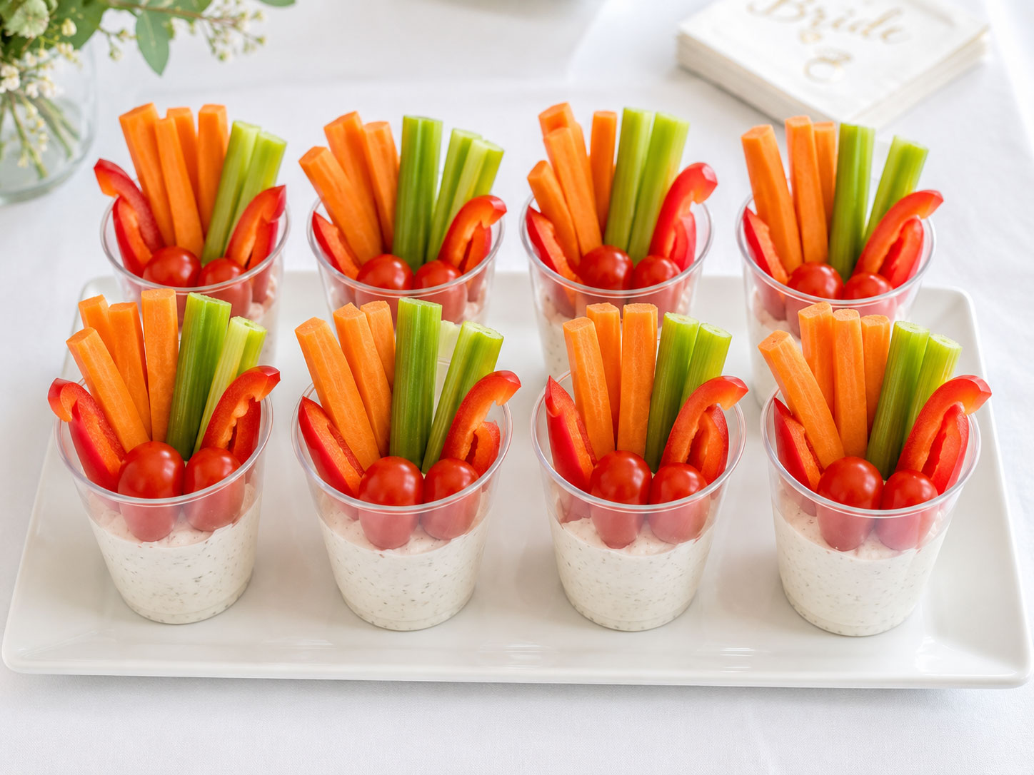 Mini individual veggie cups with ranch dip carrots celery and tomatoes on white serving board – easy bridal shower food idea