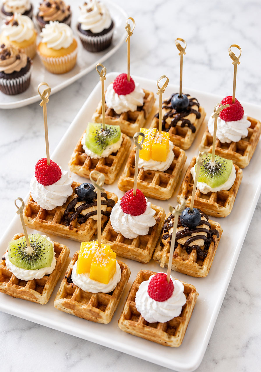 Assorted mini waffle bites on skewers with different toppings served at a brunch party waffle bar