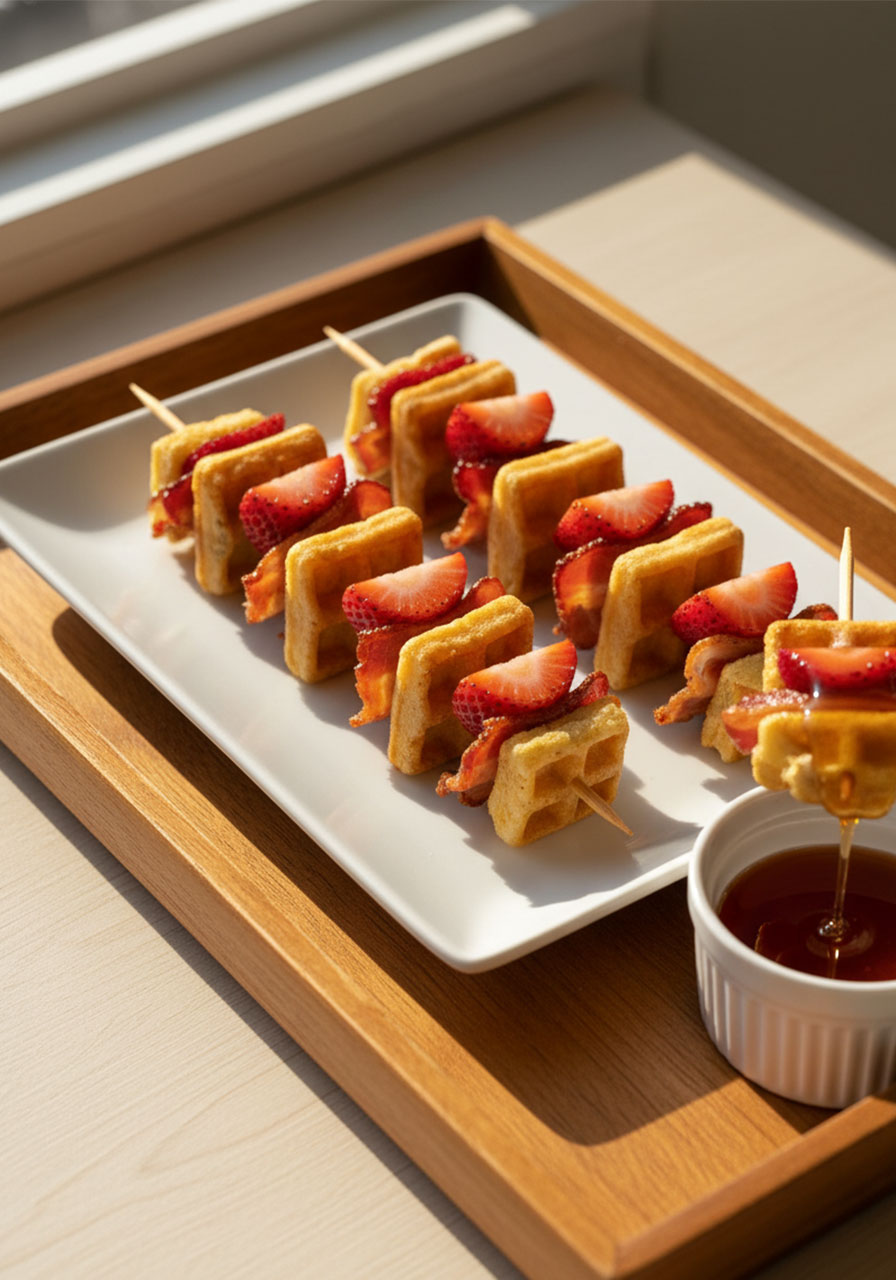 Mini cinnamon waffle skewers with turkey bacon and strawberries served with maple syrup — fun pool party finger food for kids