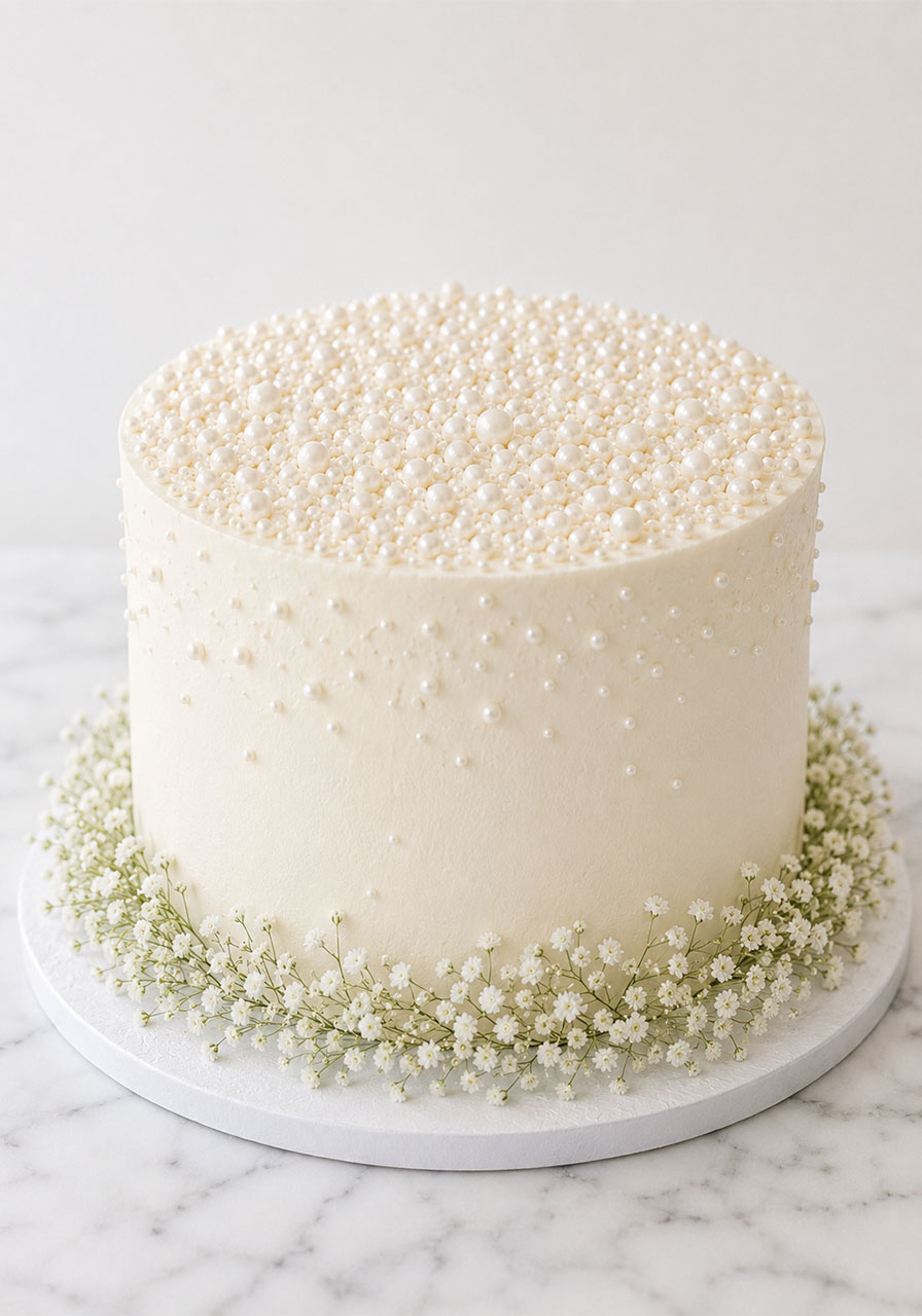 Minimalist bridal shower cake with pearlescent sugar sprinkles and a baby's breath floral base — elegant and simple