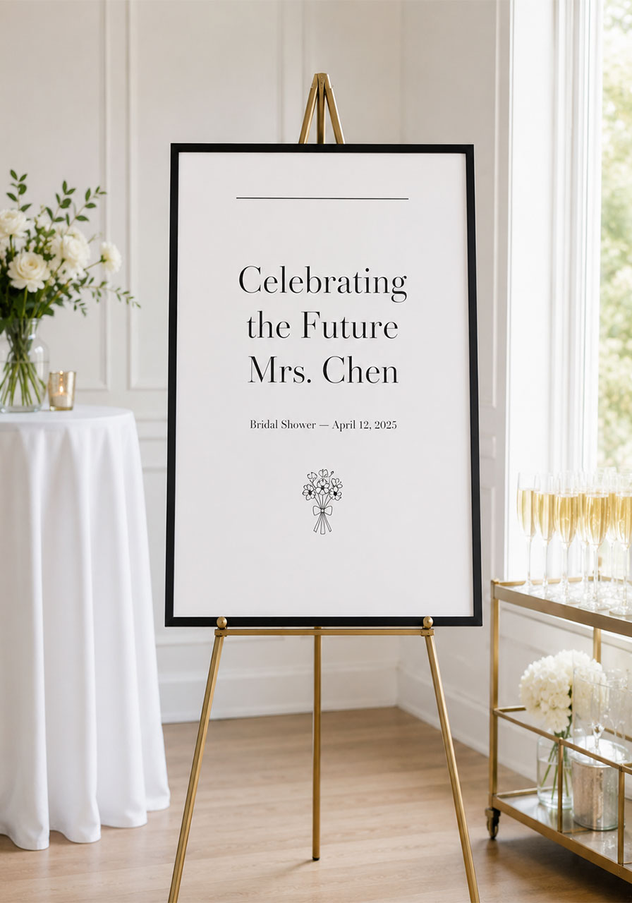 Minimalist modern bridal shower printed poster in black frame on gold easel with clean serif typography