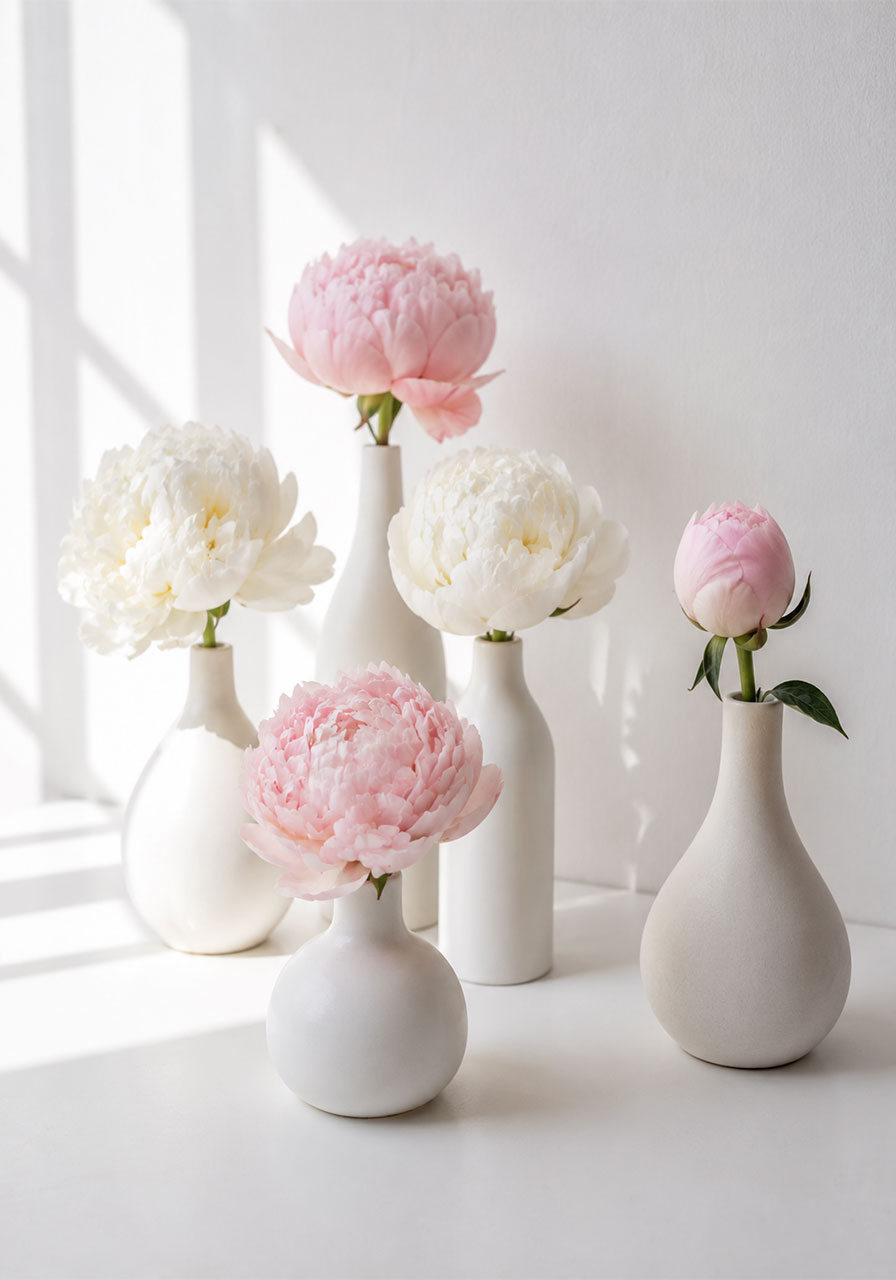 Cluster of minimalist white ceramic vases each holding a single stem peony in blush and white as a modern bridal shower table centerpiece
