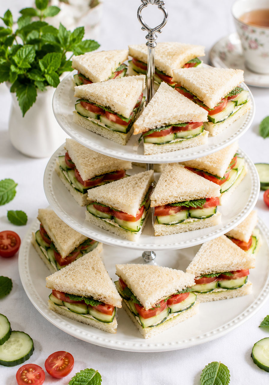 Mint cucumber and tomato finger sandwiches with crusts removed on a tiered stand, a no-cook summer tea party recipe