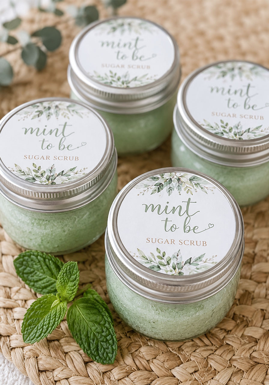 Mint to be sugar scrub mason jar favors with botanical label – DIY bridal shower favor idea