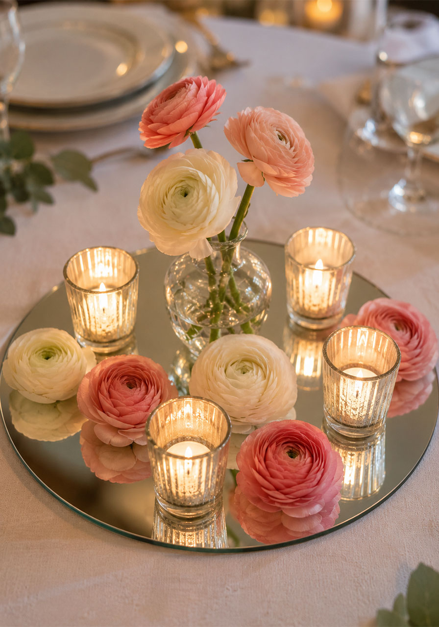 Round mirror base with lit votive candles and blush ranunculus blooms reflecting light as a romantic bridal shower table centerpiece