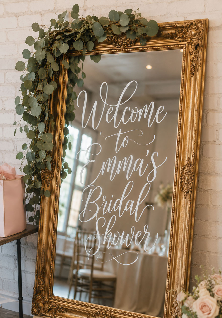 Vintage gold-framed mirror welcome sign with white calligraphy and eucalyptus garland for bridal shower