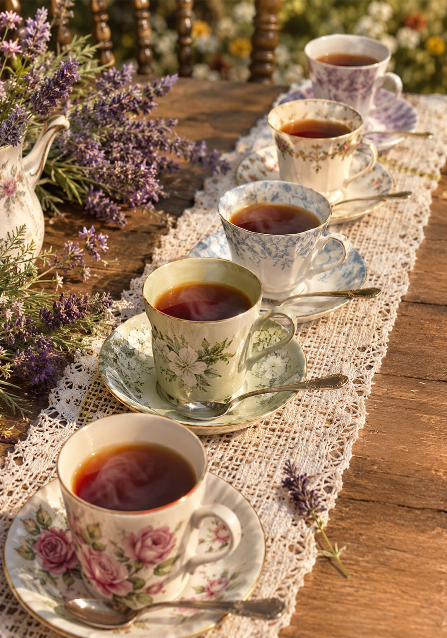 Mismatched vintage teacups and saucers set for a heartfelt memorial tea party