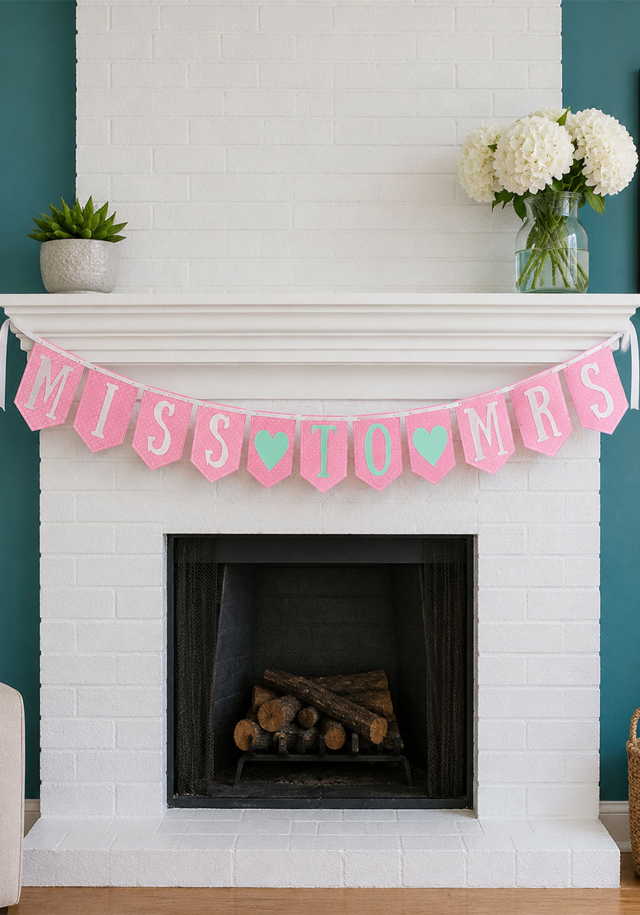 DIY "Miss to Mrs" banner made with Cricut and patterned cardstock — bridal shower fireplace mantle decoration idea