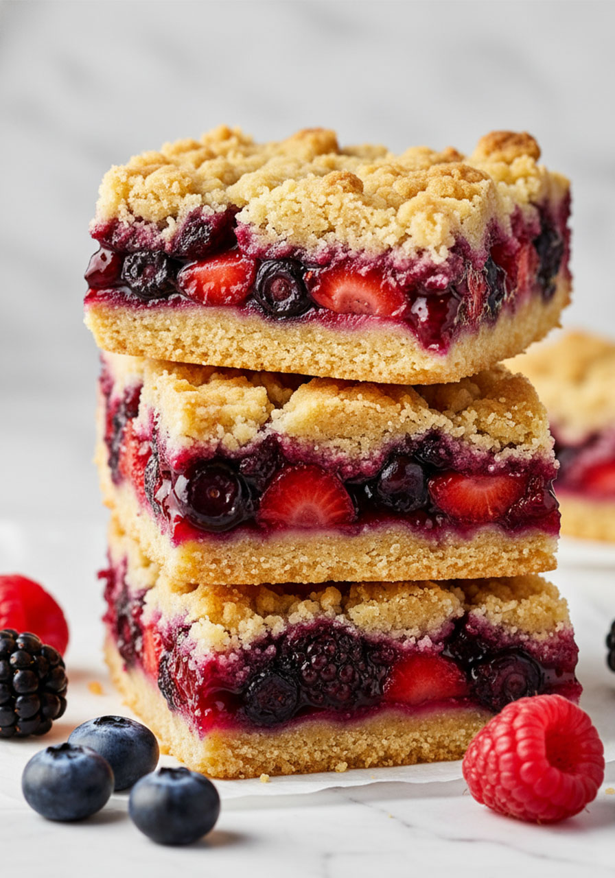 Stacked mixed berry crumble bars showing buttery crust and jammy berry filling — easy summer pool party dessert for kids