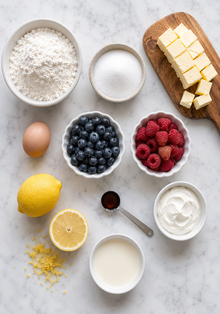 Flat lay of all mixed berry scone ingredients including fresh berries, cold butter, lemon, flour, and cream on a marble surface