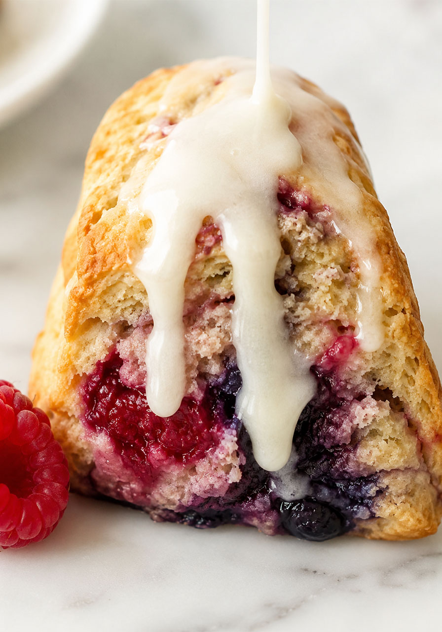 Close-up of lemon glaze drizzling over a flaky mixed berry scone showing blueberry and raspberry swirls inside