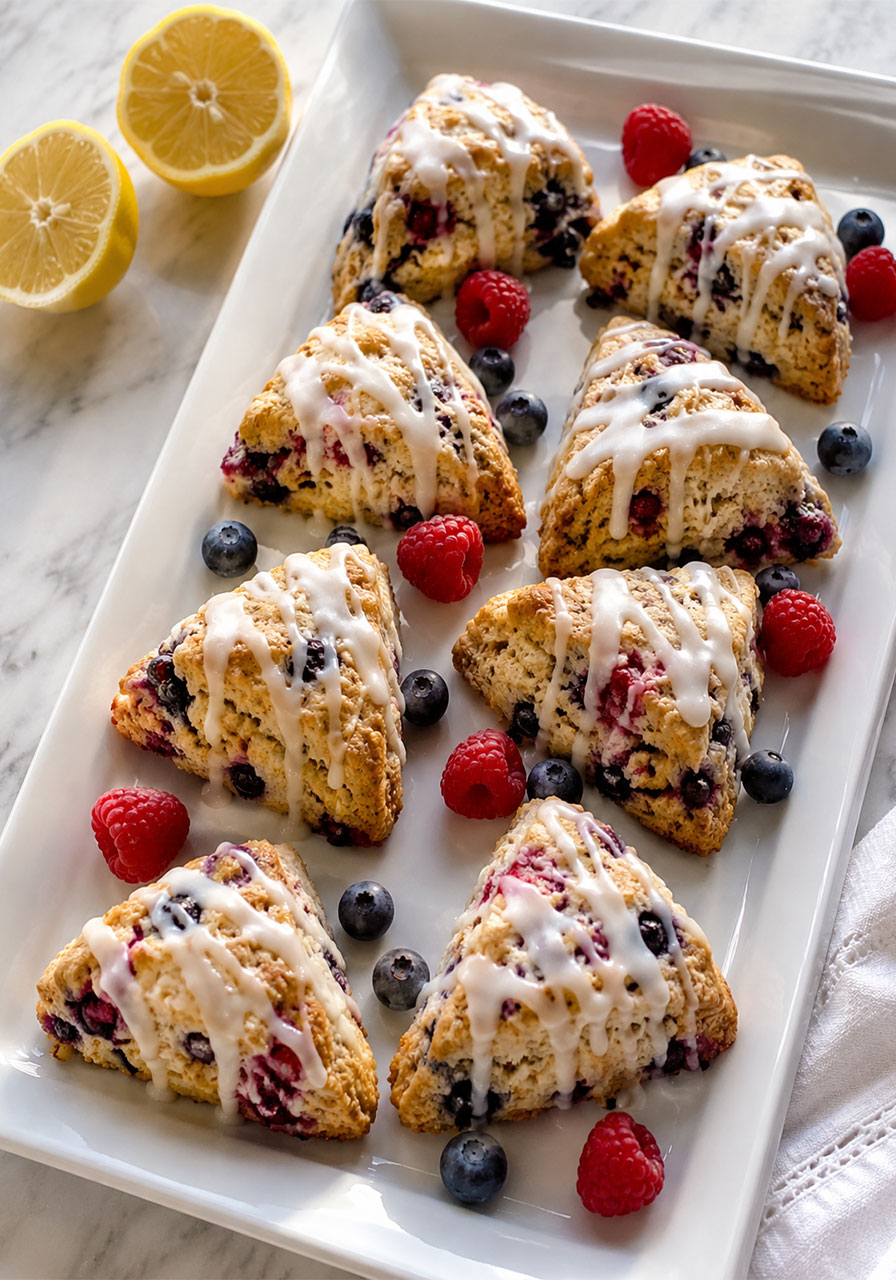 Mini mixed berry scones with lemon glaze arranged on a white party serving platter with fresh blueberries and raspberries