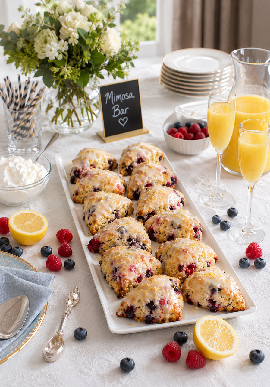 Mixed berry scones with lemon glaze on a brunch party table with mimosa bar fresh berries and whipped cream
