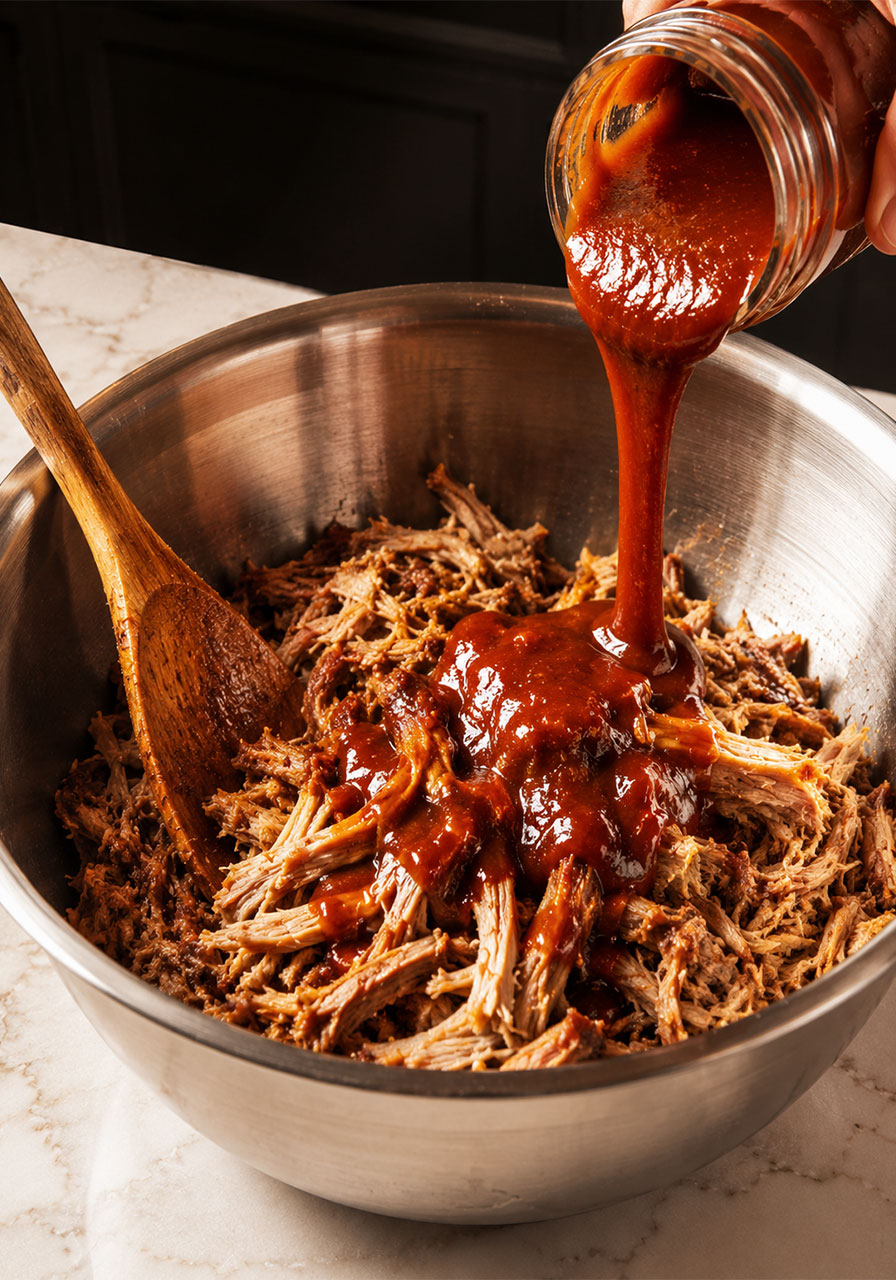 Thick amber-red BBQ sauce being poured from a glass jar into a bowl of freshly shredded pulled pork, mixing together for flavor-loaded crock pot BBQ pulled pork