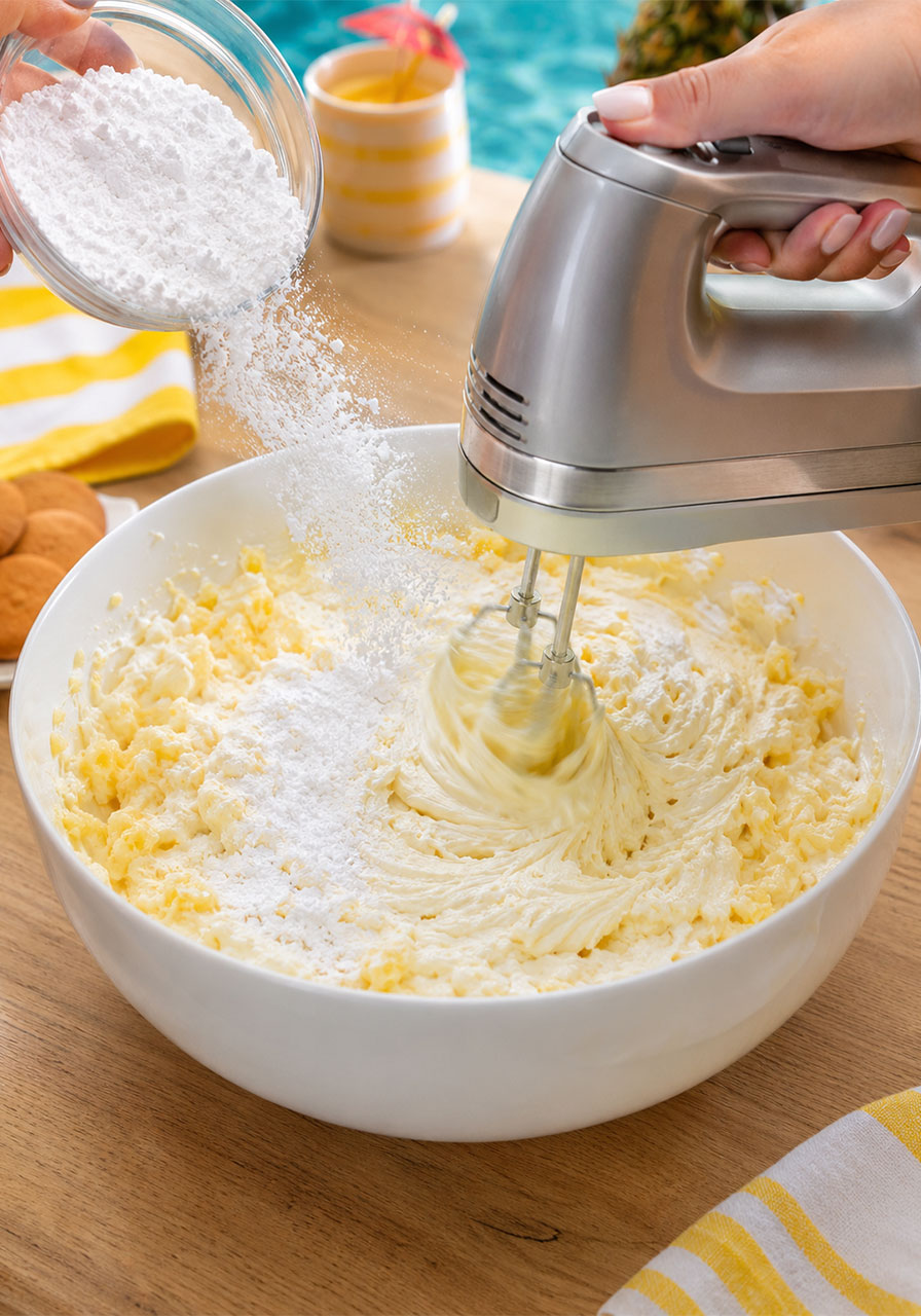 Mixing cream cheese, crushed pineapple, and powdered sugar together with a handheld mixer for easy pineapple cheesecake dip