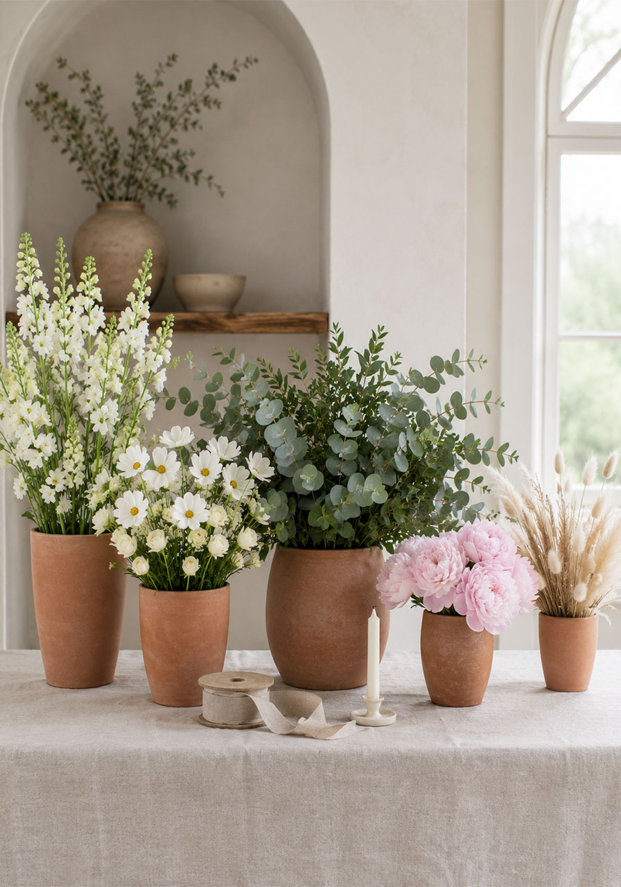 Modern neutral bridal shower flower bar with white cosmos ivory roses eucalyptus and pampas grass in terracotta pots on linen table
